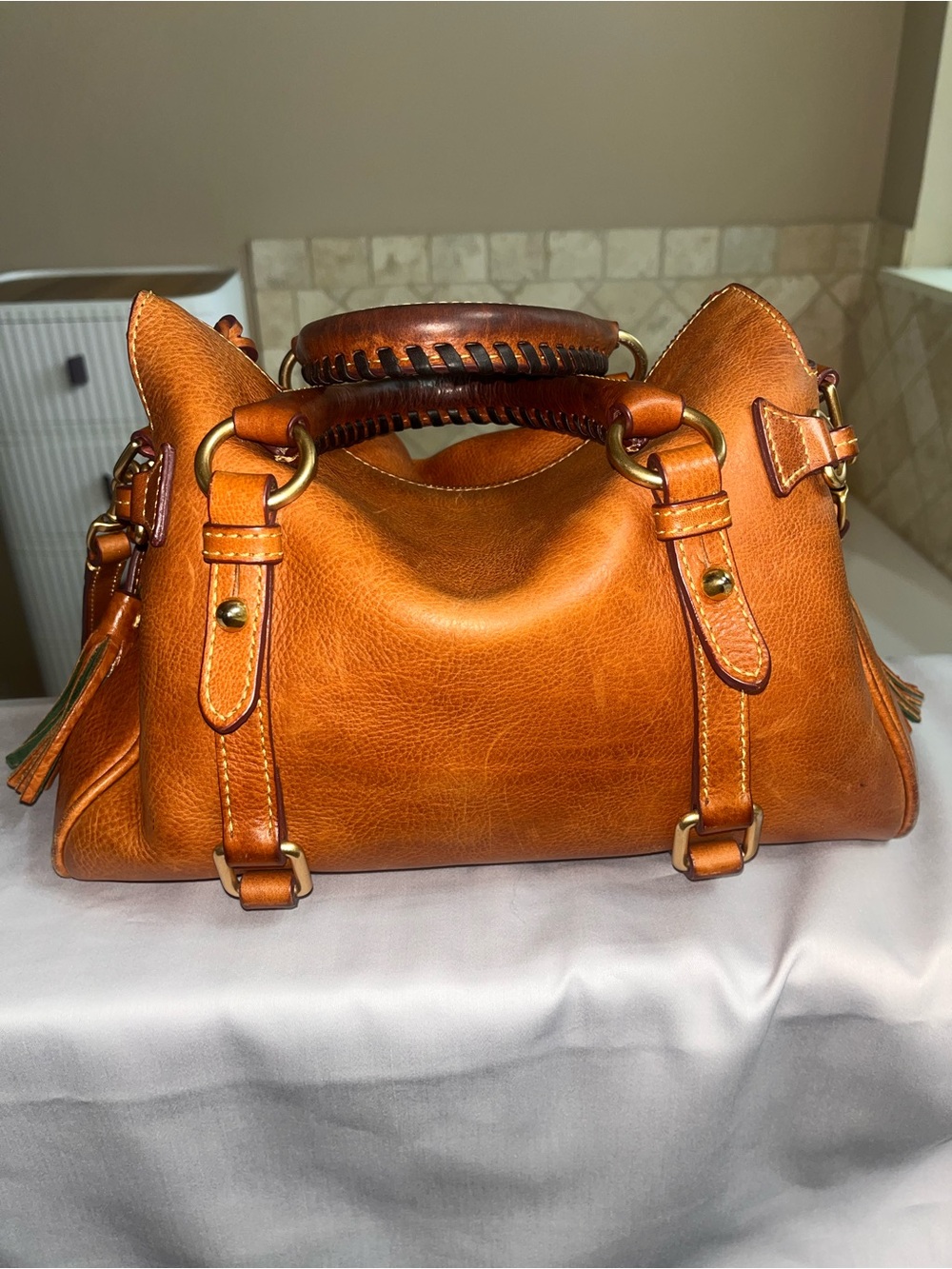 Dooney & Bourke Florentine Cognac Satchel with Tassel - Picture 10 of 16